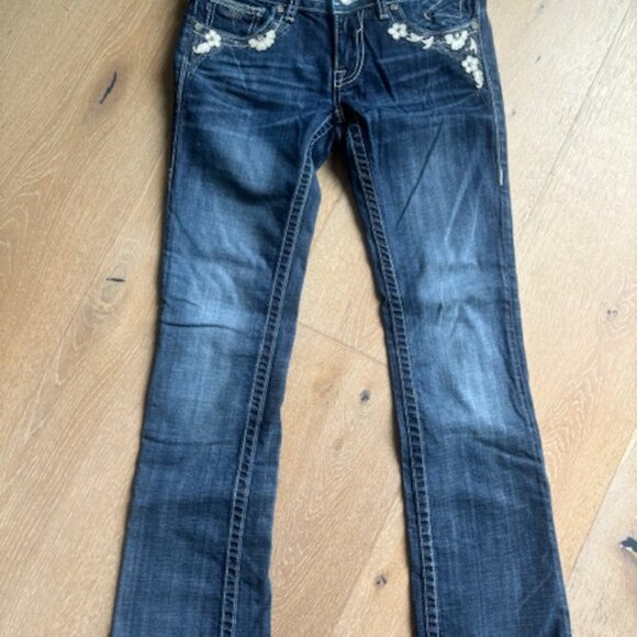WESTERN - FLORAL RHINESTONE - DARK WASH BOOT CUT JEANS - SIZE  26 - Picture 1 of 8